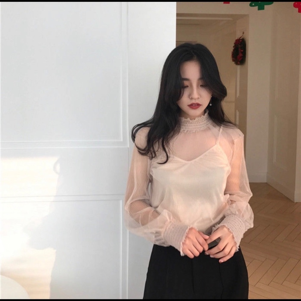 Sheer blouse with camisole top set in light almond